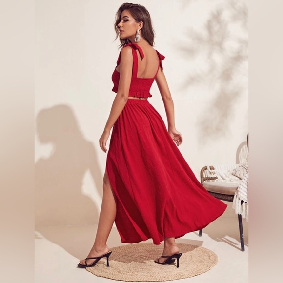 Tie Shoulder Shirred Back Crop Too & High Skirt - Picture 5 of 5